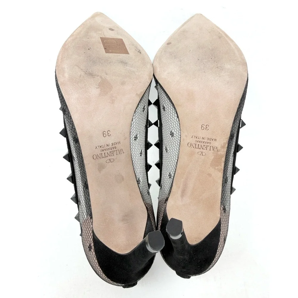 Valentino Rockstud Mesh Pumps Black Suede‎ Pointed Toe Heels 39